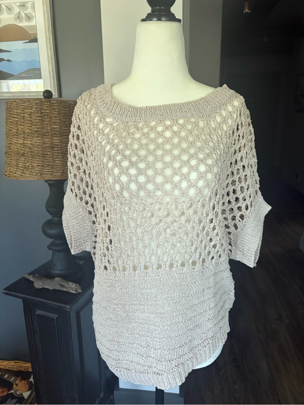 Left on Houston Vintage Taupe Open-Knit Short Sleeve Tunic Sweater